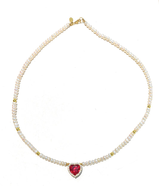Collarino perle fresh water cipollina centrale cuore zircone rosso argento sterling