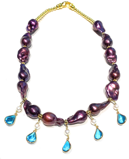 Collana diWa Jewels Perle Barocche Viola Charms Gocce Cristalli Azzurri Perle Ematite Gold