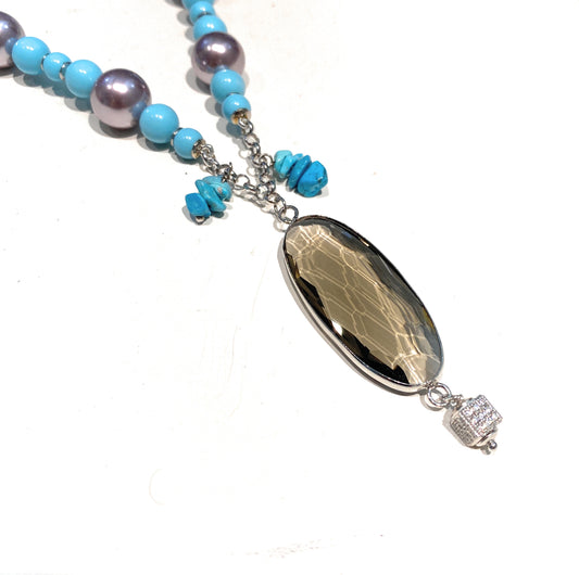 Collana argento sterling perle pasta turchese pendente argento ovale cristallo fumé rodio bianco