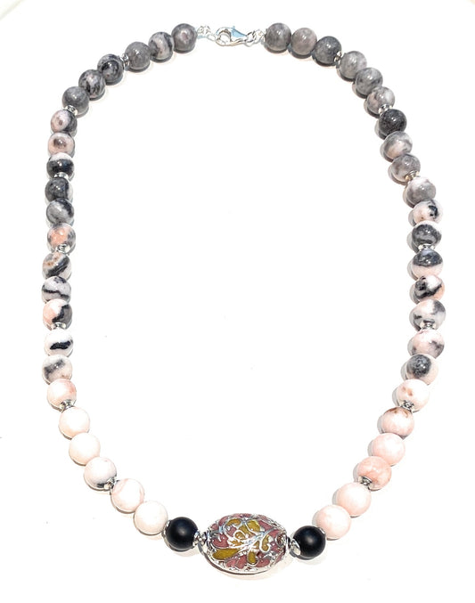 Collana diWa Jewels Diaspro Rosa Zebrato mm 8 Onice satinato Argento Sterling Rodio bianco