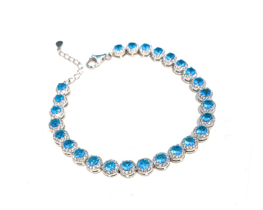 Bracciale tennis castoni zirconi aqua e bianchi rodio bianco regolabile
