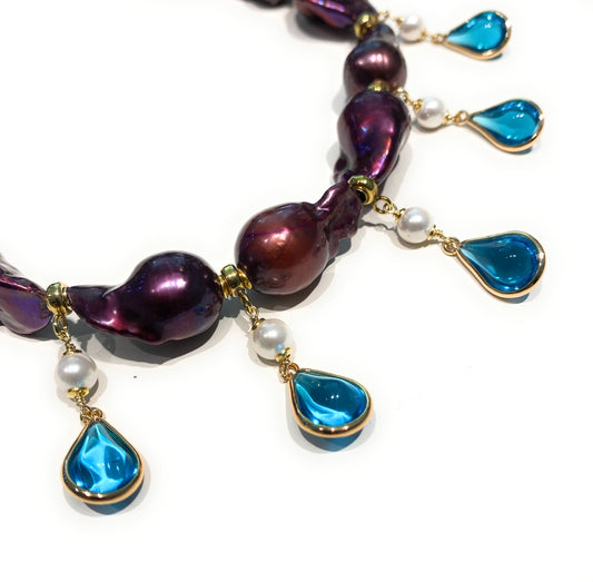 Collana diWa Jewels Perle Barocche Viola Charms Gocce Cristalli Azzurri Perle Ematite Gold