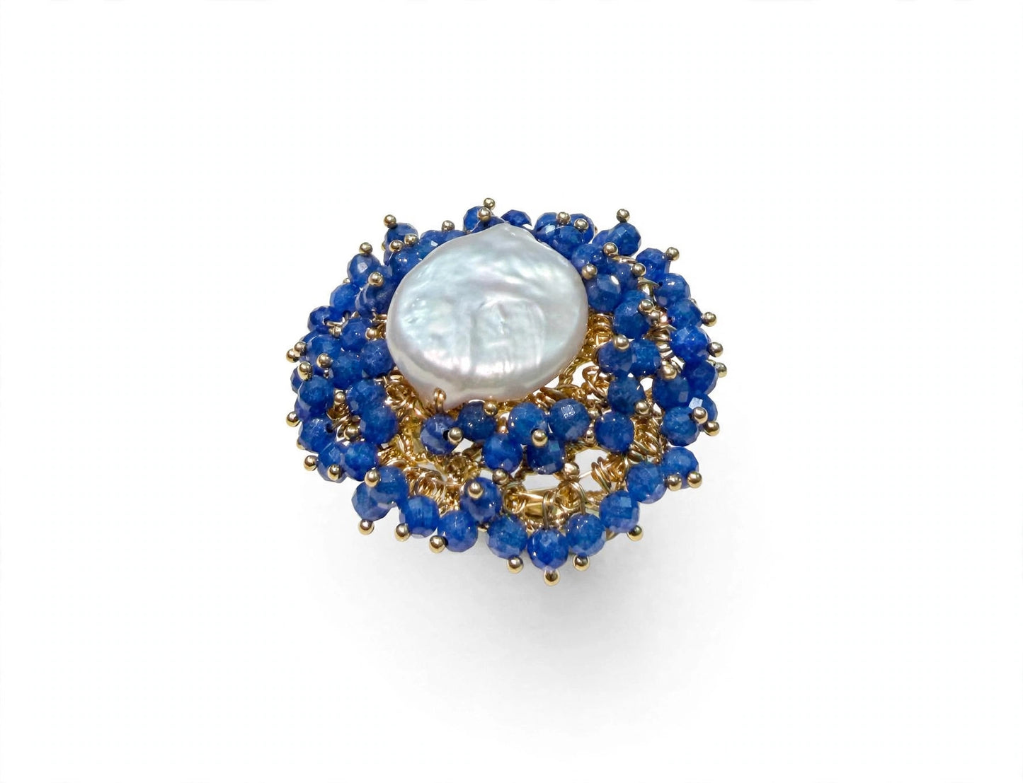Anello Regolabile con Perla Freshwater e Pietre Azzurre Galvanica Oro