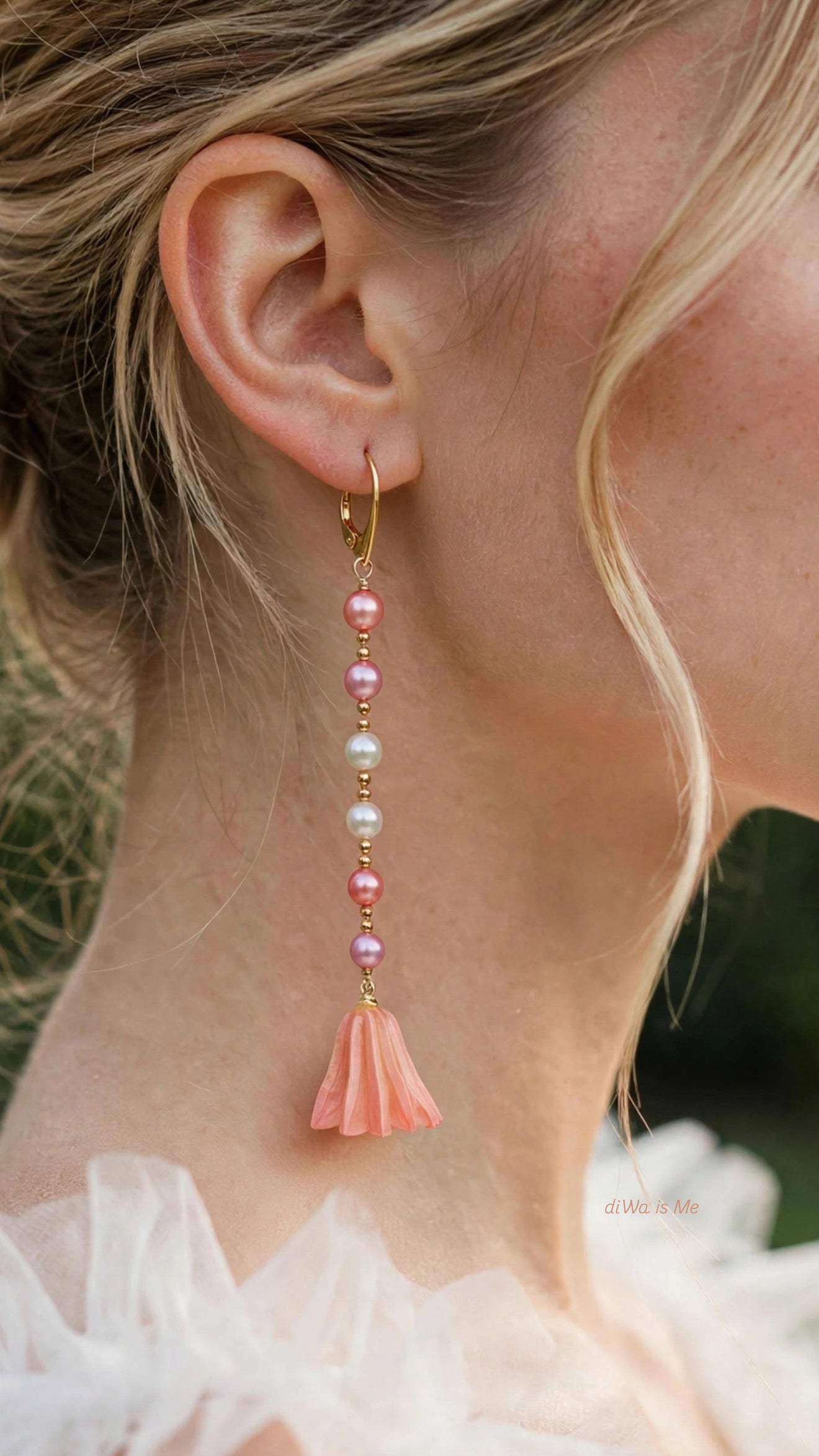 Mono Orecchino Perle Multicolor Argento 925 Pendente Fiore Naturale Essiccato