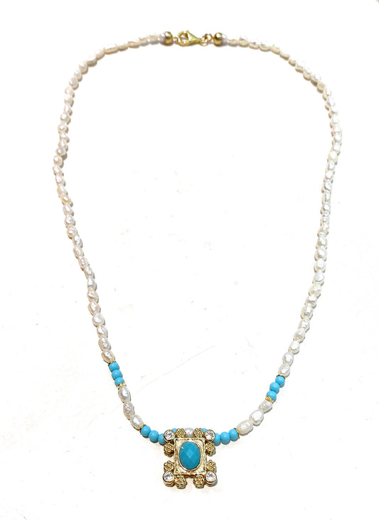 Collarino tipo choker perle fiume e turchese argento sterling