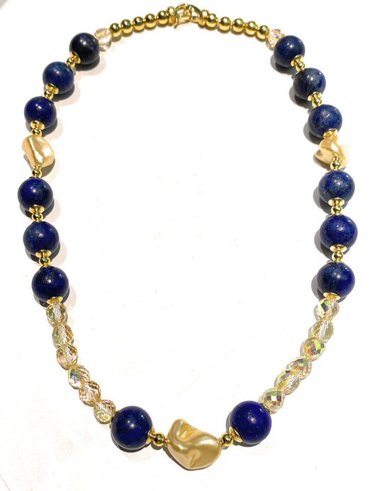 Collana choker lapislazzuli perle barocche gold ematite pezzo unico