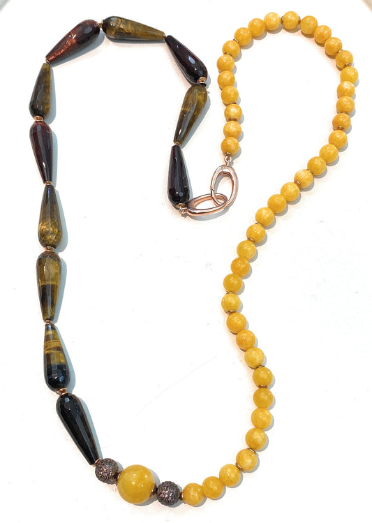 Collana giada gialla occhio di tigre marrone/giallo gocce argento sterling placcato oro giallo