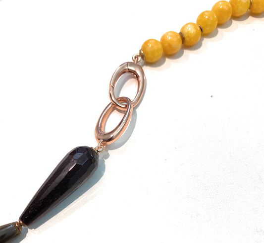 Collana giada gialla occhio di tigre marrone/giallo gocce argento sterling placcato oro giallo