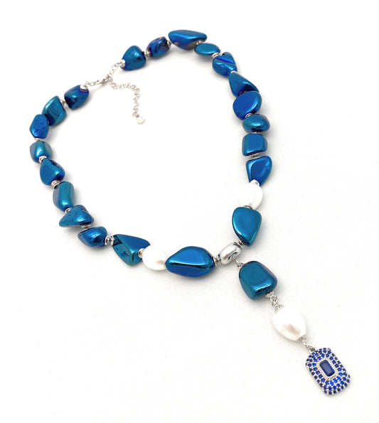 Collarino choker cristallo di rocca bluette perle Maiorca pendente classici zirconi blu argento sterling rodio bianco