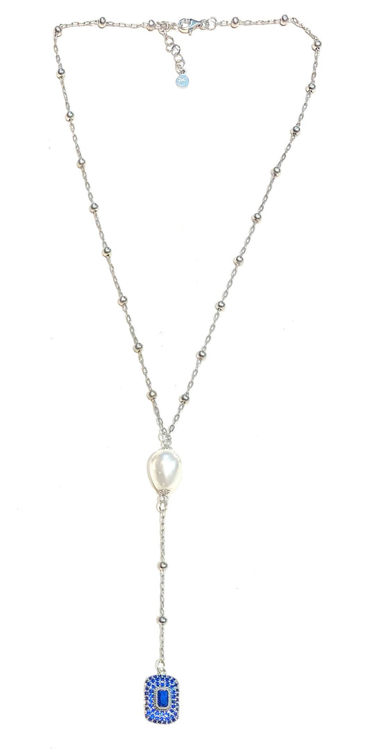Collarino Rosario in Argento Sterling con Zirconi e Perla di Maiorca – diWa Jewels ciondolo Zircone tipo Zaffiro Blu