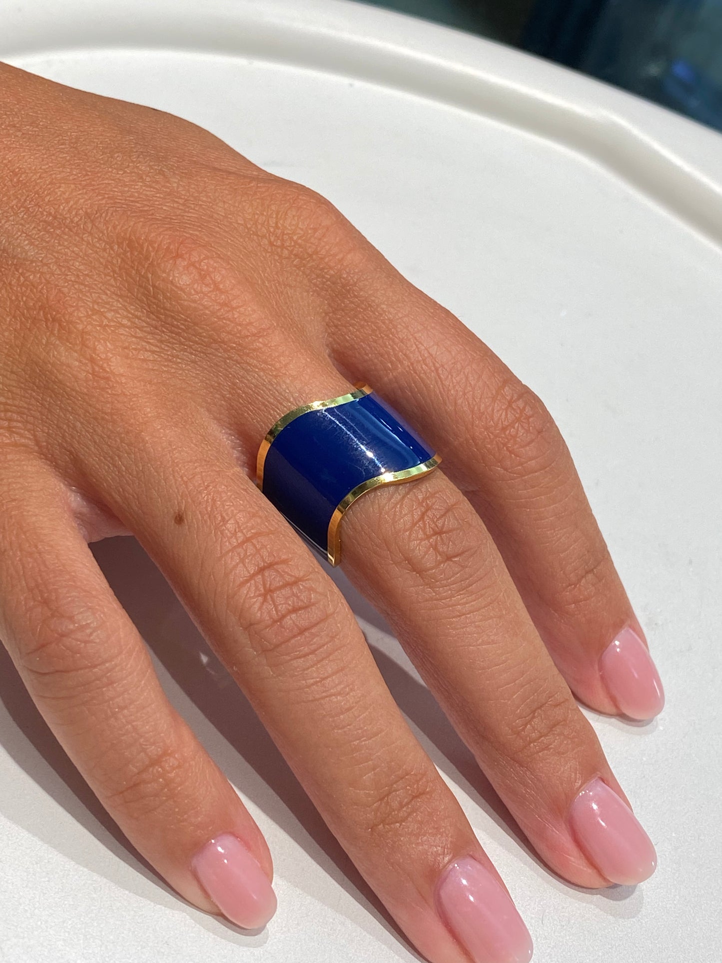 Anello fascia smalto blu galvanica gialla