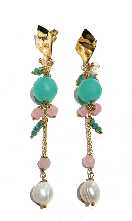 Orecchini diWa Jewels pendenti con agata verde e rosa con perle barocche in ottone galvanizzato giallo