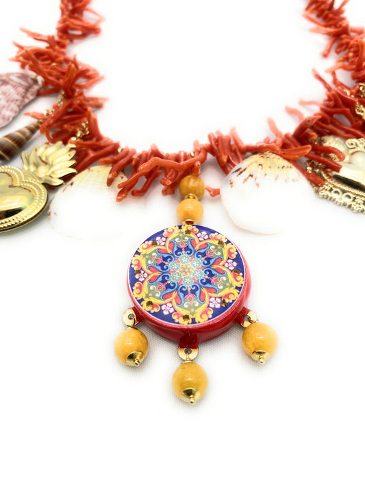 Collana charms con frange corallo rosso naturale conchiglie cuore ex-voto giada gialla argento sterling