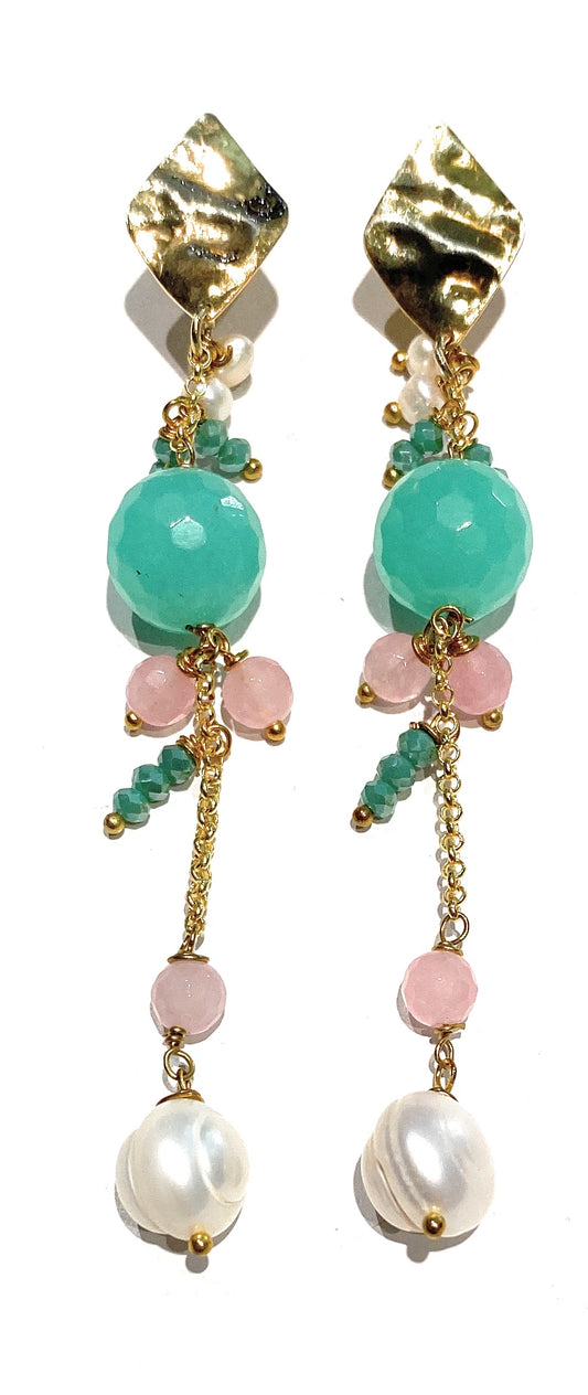 Orecchini diWa Jewels pendenti con agata verde e rosa con perle barocche in ottone galvanizzato giallo