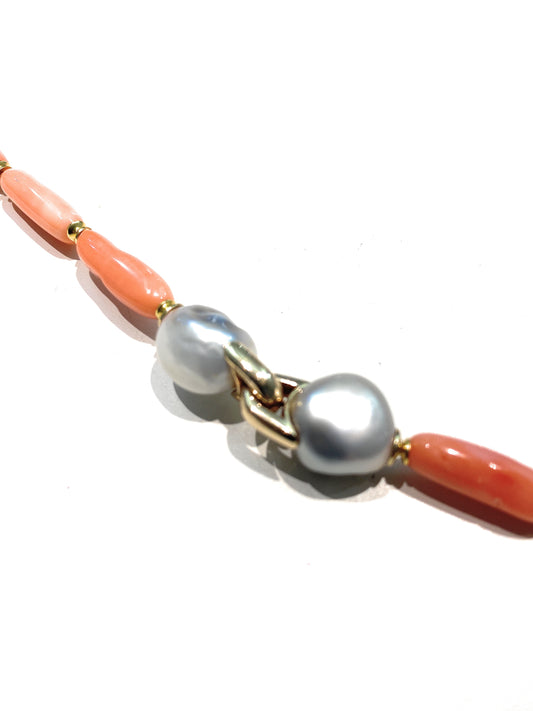 Collana diWa Jewels Corallo Naturale color Arancio sfumature rosate Perla bianca e Grigia Argento Sterling e Oro giallo 9 kt