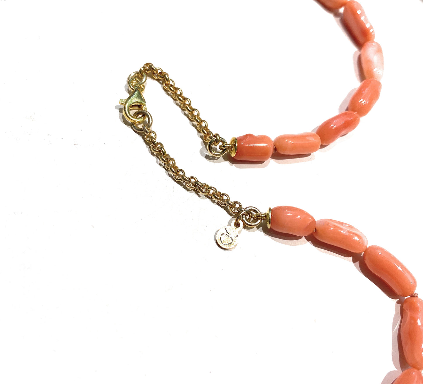 Collana corallo color arancio sfumature rosate perla bianca e grigia argento sterling e oro giallo 9 kt