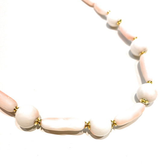 Collana corallo naturale sassi pallino tondo bianco rosato argento sterling placcato oro giallo
