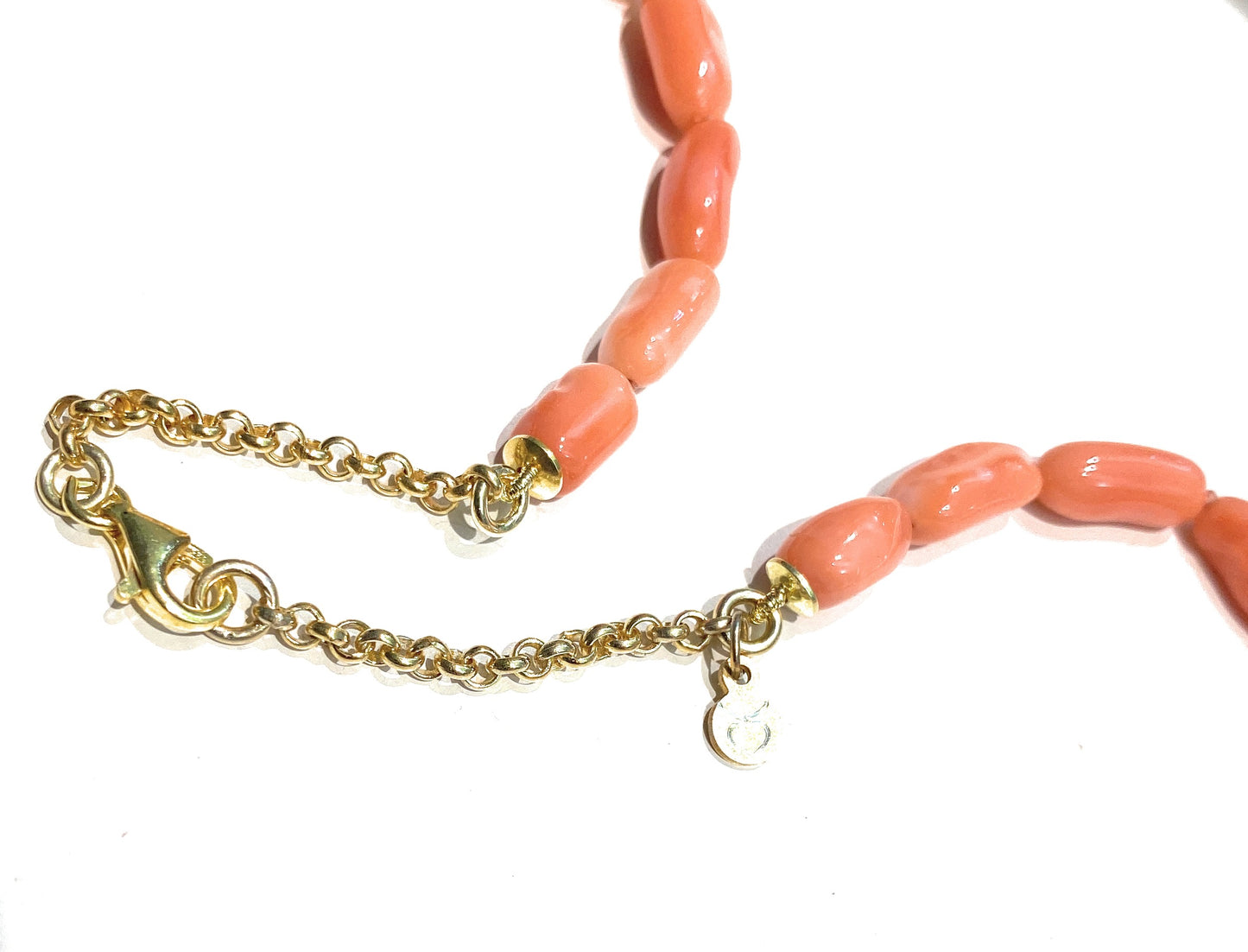 Collana corallo color arancio sfumature rosate perla bianca e grigia argento sterling e oro giallo 9 kt