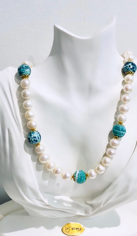 Collana diWa Jewels Perle fresh water barocche e Agata Verde in argento sterling 925 placcato oro giallo