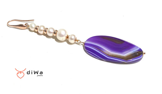 Mono Orecchino diWa Jewels Argento Sterling 925 Agata Striata Viola e Perle Freshwater