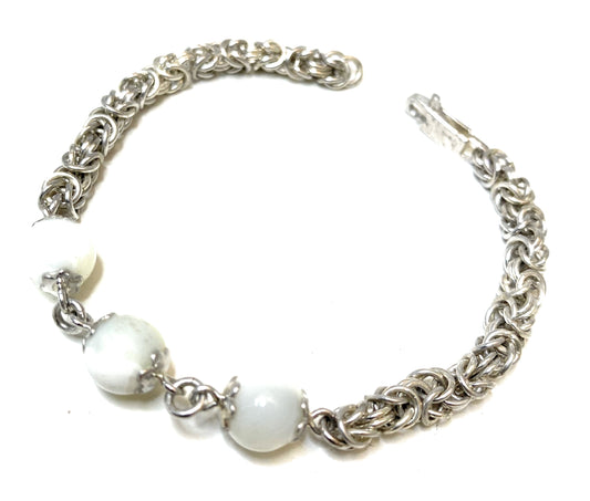 Bracciale maglia bizantina in argento e madreperla, fatto a mano