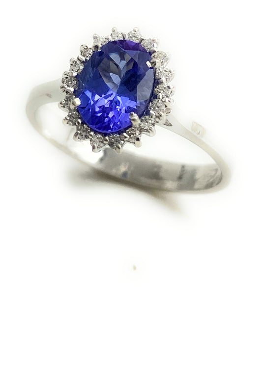 Anello tanzanite diamanti naturali in oro bianco 18 kt