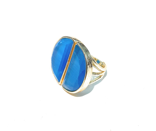 Anello bronzo occhio tigre azzurro galvanica gialla