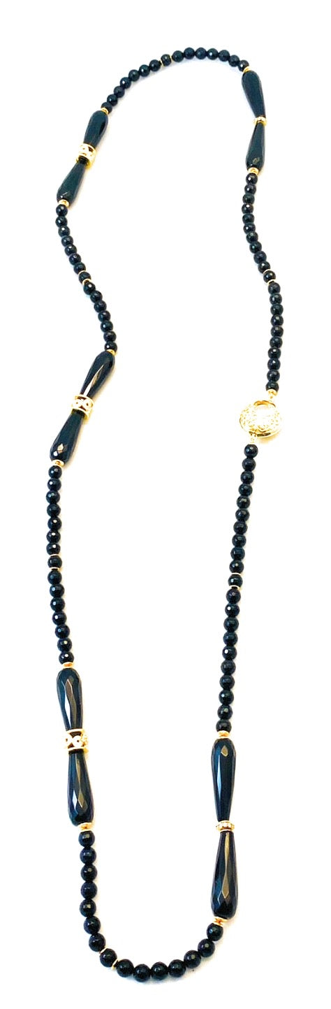 Collana onice nero sfaccettato e briolette in argento sterling 925 placcato oro giallo