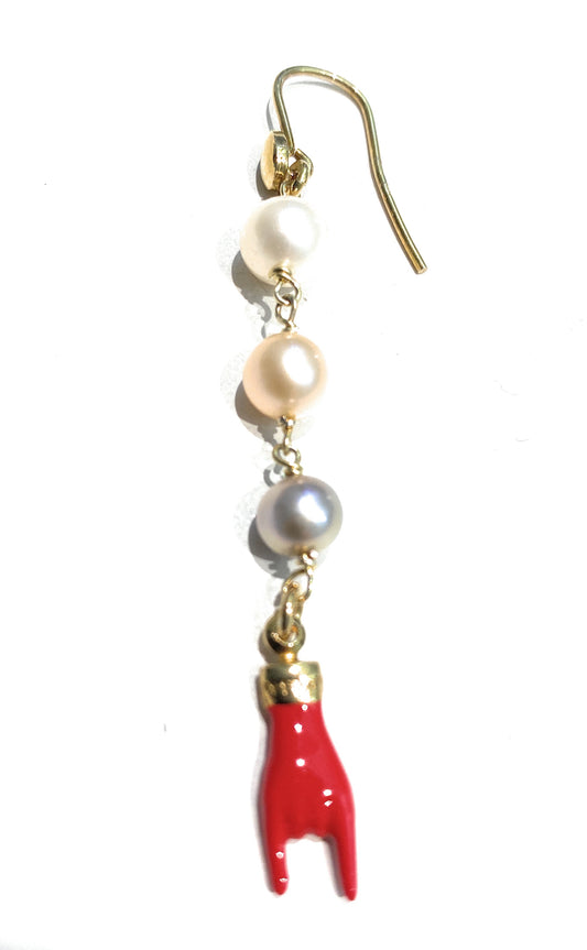 Mono Orecchino diWa Jewels in Argento 925 con Perle e Pendente Corna Smaltate – Gioiello Porta Fortuna