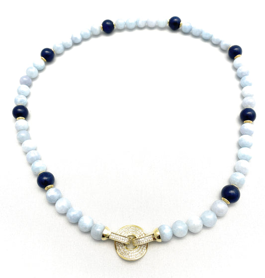 Collana Giada Acquamarina e Zaffiro in Argento Sterling Preziosa Chiusura con Zirconi Pezzo Unico