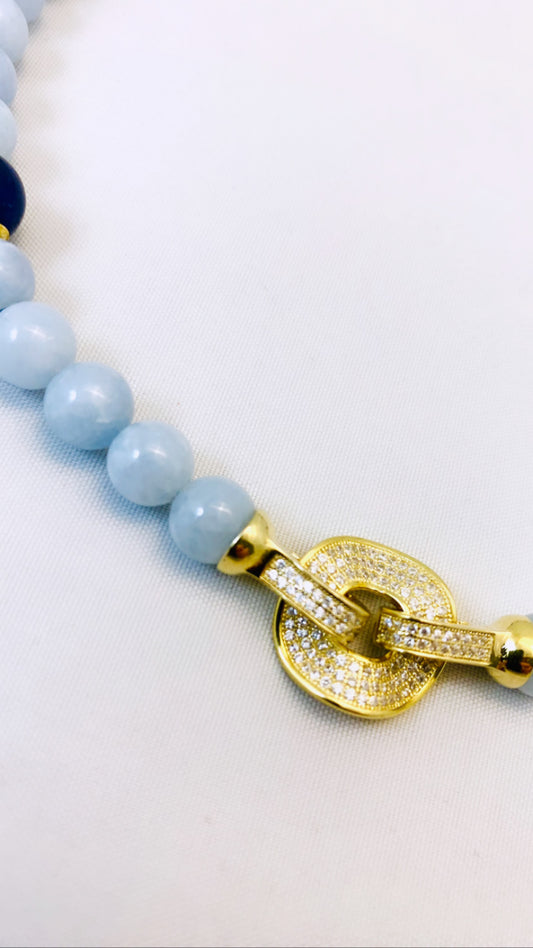 Collana Giada Acquamarina e Zaffiro in Argento Sterling Preziosa Chiusura con Zirconi Pezzo Unico
