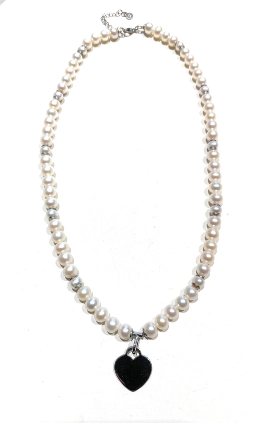 Collana Perle Freshwater e Cuore in Argento Sterling Rodio bianco Personalizzabile