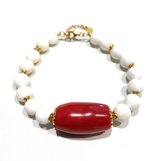 Bracciale diWa Jewels agata bianca e corallo in argento sterling placcato oro giallo