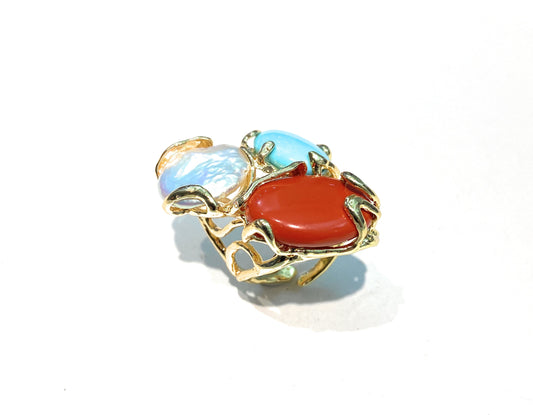 Anello bronzo perla pasta corallo e turchese galvanica gialla