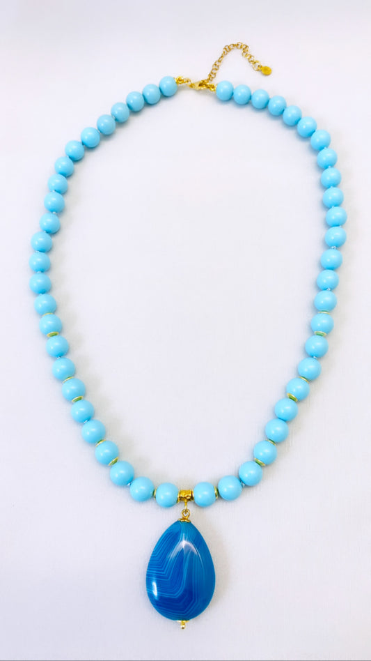 Collana pasta di turchese argento sterling e pendente a goccia agata azzurra striata