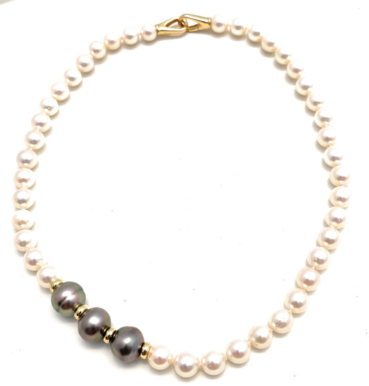 Collana perle di mare Akoya e perle Tahiti distanziatori oro 18 kt