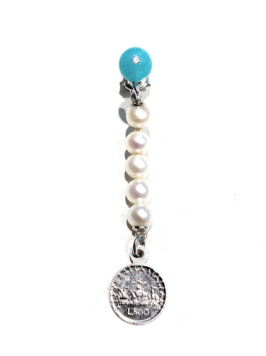 Mono orecchino giada turchese perle e pendente moneta 500 lire