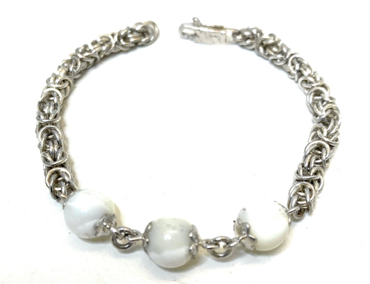 Bracciale maglia bizantina in argento e madreperla, fatto a mano