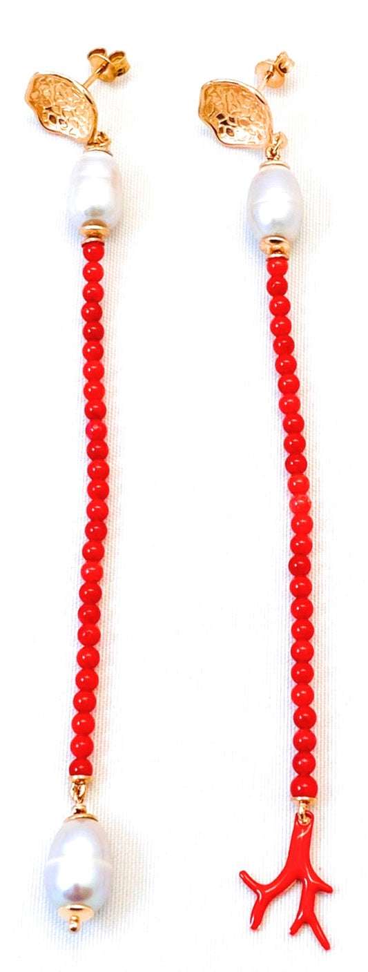 Orecchini pendenti corallo rosso naturale perle grigie argento sterling rosé