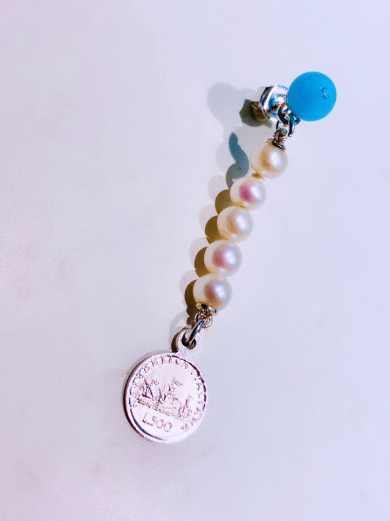 Mono orecchino giada turchese perle e pendente moneta 500 lire