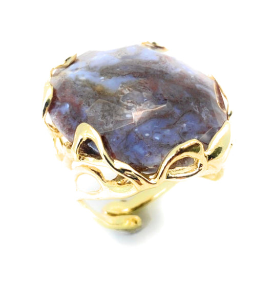 Anello pietra dura naturale e bronzo placcato oro giallo regolabile