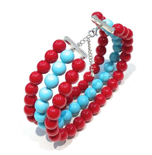 Bracciale diWa Jewels a tre fili pasta turchese e conchiglia rossa in argento sterling 925 regolabile
