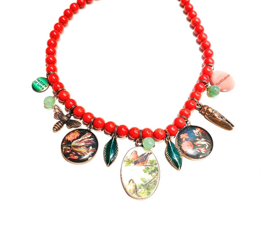 Collana diWa Jewels vintage corallo bamboo e charms medaglie dipinte a mano